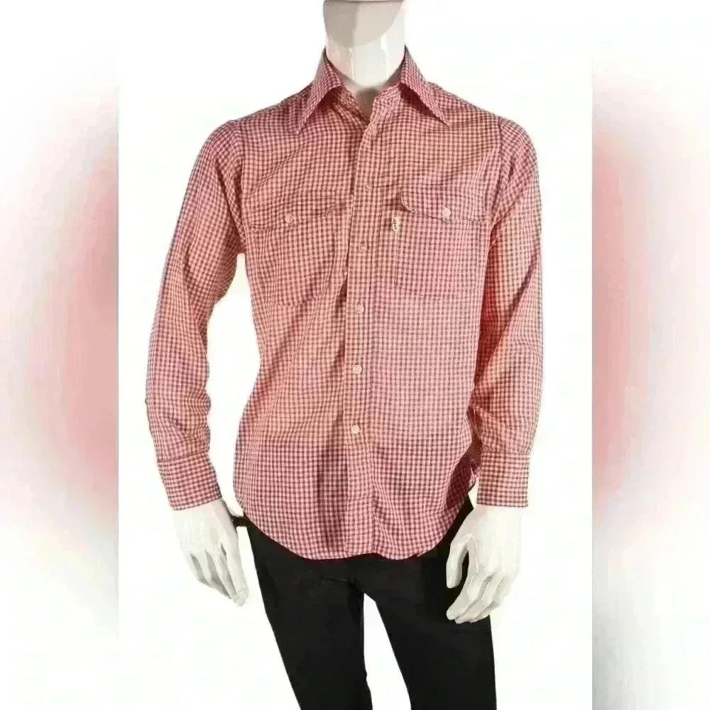 1970s LEVI'S Red Cotton Blend Gingham Western Tablecloth Picnic Shirt Small USA - Picture 1 of 7